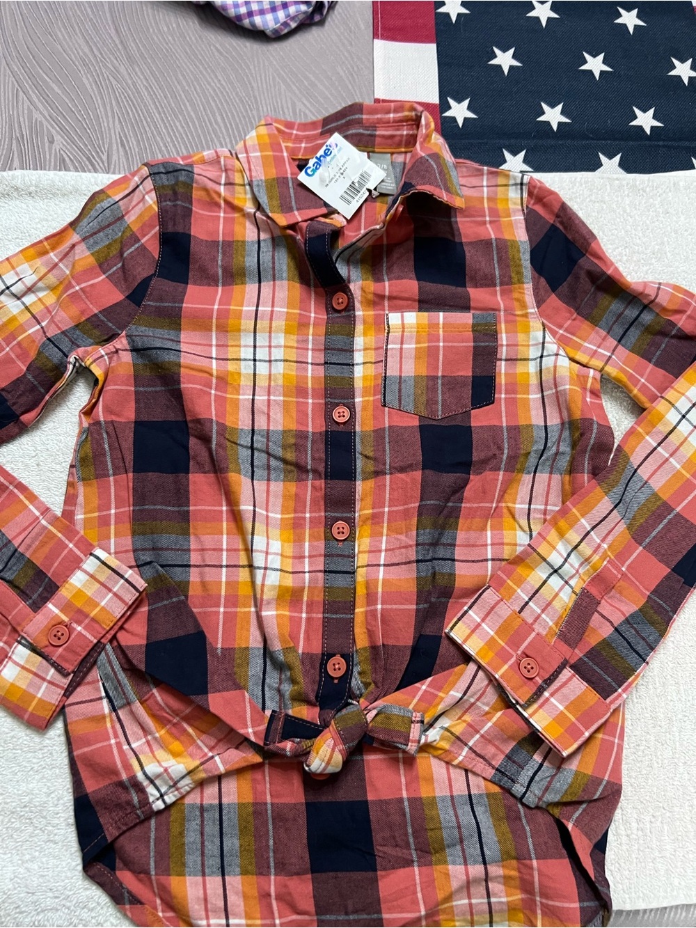 NWT The Children’s Place 7/8 Plaid Tie Front Shirt High Low Hem 100% Cotton